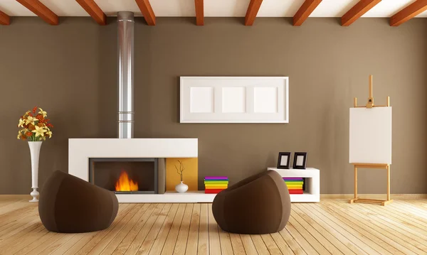 Modern interior with fireplace — Stock Photo, Image