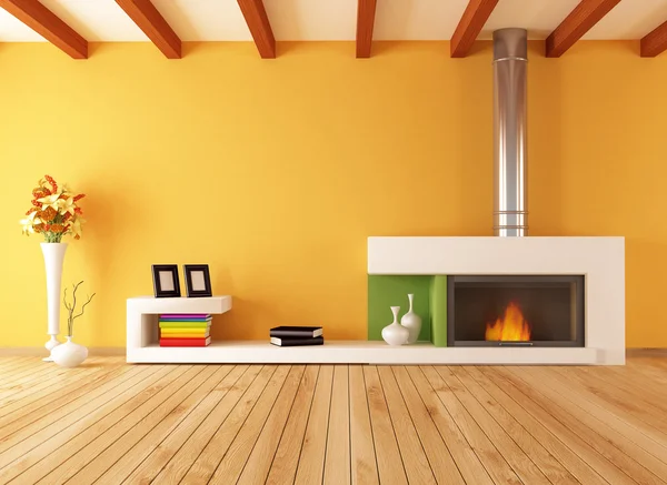 Leeg interieur met minimalistische open haard — Stockfoto