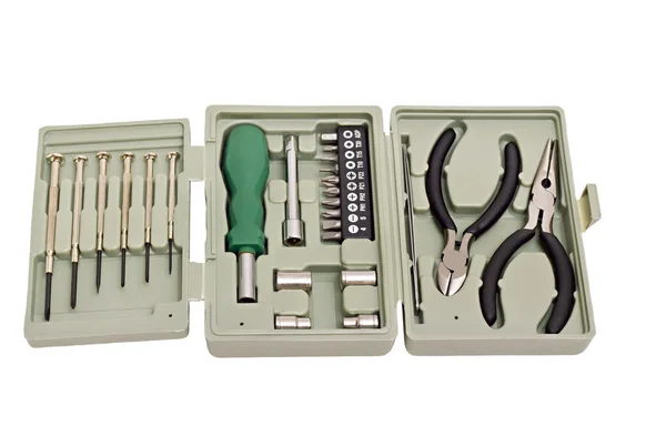 Conjunto de ferramentas em caixa de plástico — Fotografia de Stock