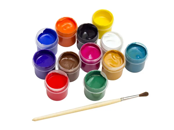 多彩水粉颜料和画笔 — 图库照片