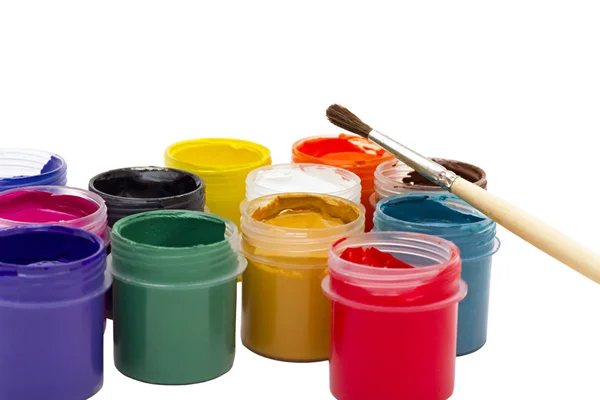 Tinta guache colorido e escova — Fotografia de Stock