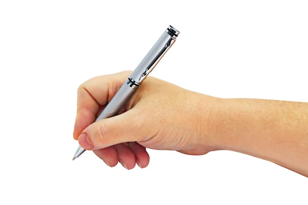 Металлическая серебряная шариковая ручка в женской руке — стоковое фото