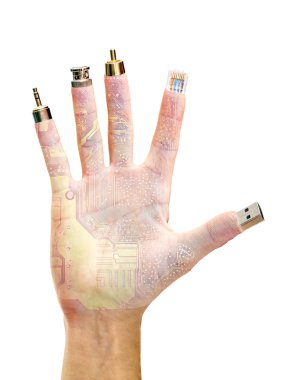 parmaklarının ucunda bilgisayar terminali ile el