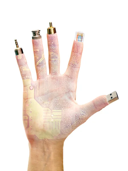Mão com terminais de computador na ponta dos dedos — Fotografia de Stock