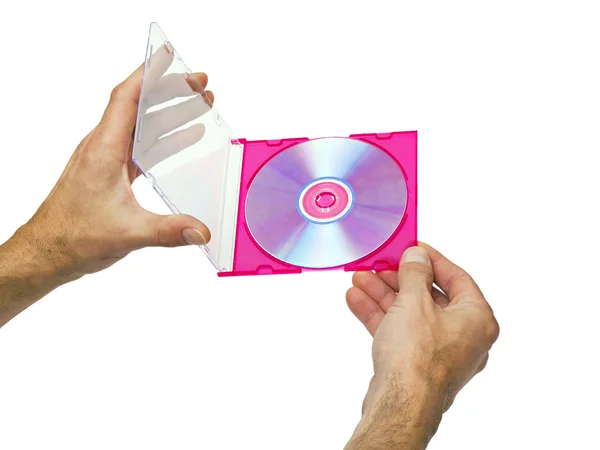 Open box with a DVD in the hands of male — Stock Photo, Image