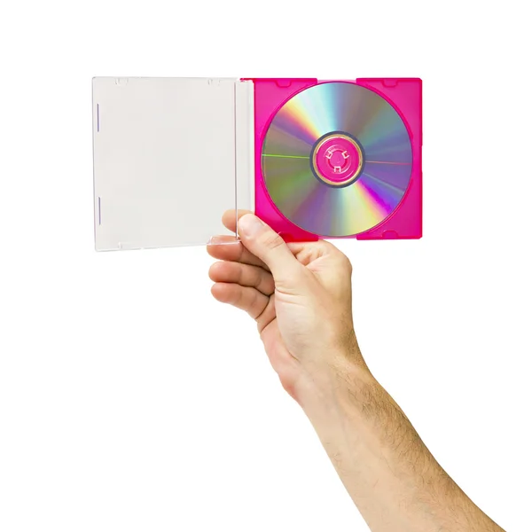 Caja abierta con un DVD en la mano de un hombre — Foto de Stock