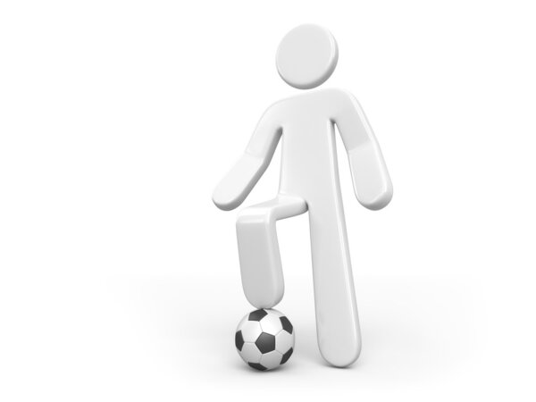 3D person put his foot on the soccer ball. Isolated on white.