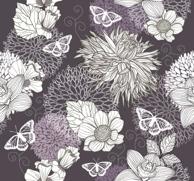 Seamless pattern with flowers and butterfly. Floral background. clipart