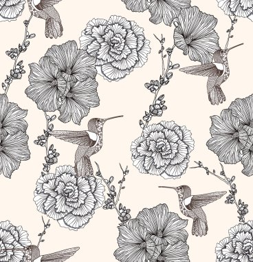 Seamless pattern with flowers and birds. Floral background. clipart