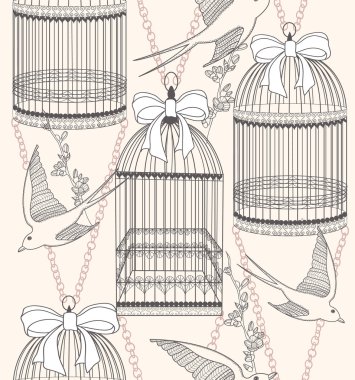 Seamless pattern with birdcages, flowers and birds. Floral and s clipart