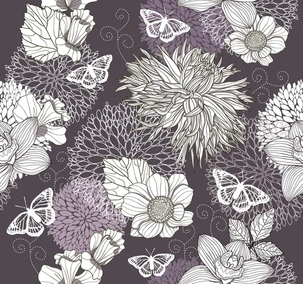 花朵与蝴蝶的无缝模式。花卉背景. — 图库矢量图片