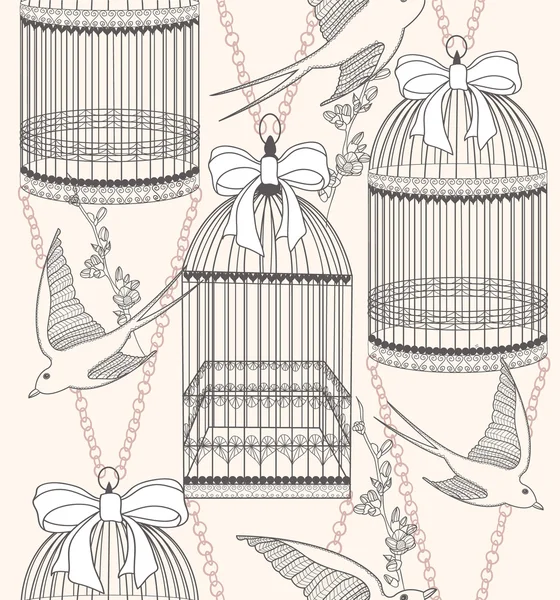 Patrón sin costuras con jaulas para pájaros, flores y pájaros. Floral y s — Archivo Imágenes Vectoriales