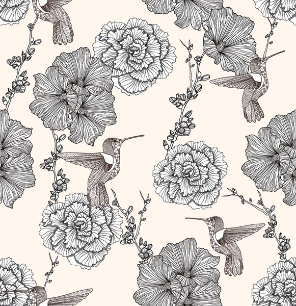 Nahtloses Muster mit Blumen und Vögeln. Floraler Hintergrund. — Stockvektor