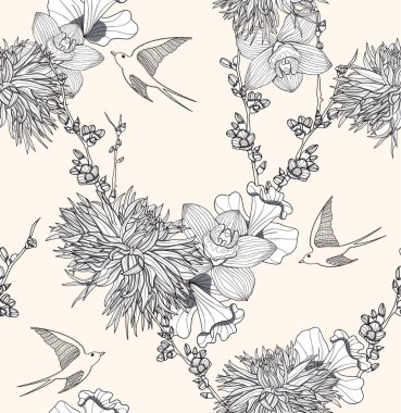 Seamless floral pattern Seamless pattern with flowers and birds. clipart