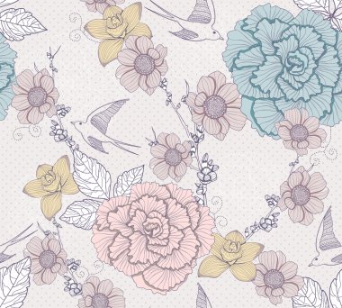 Seamless floral pattern. Seamless pattern with flowers and birds clipart