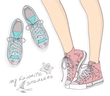 Shoes with floral pattern. Background with fashionable sneakers. clipart