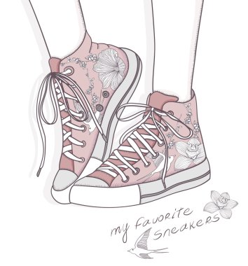 Shoes with floral pattern. Background with fashionable sneakers. clipart