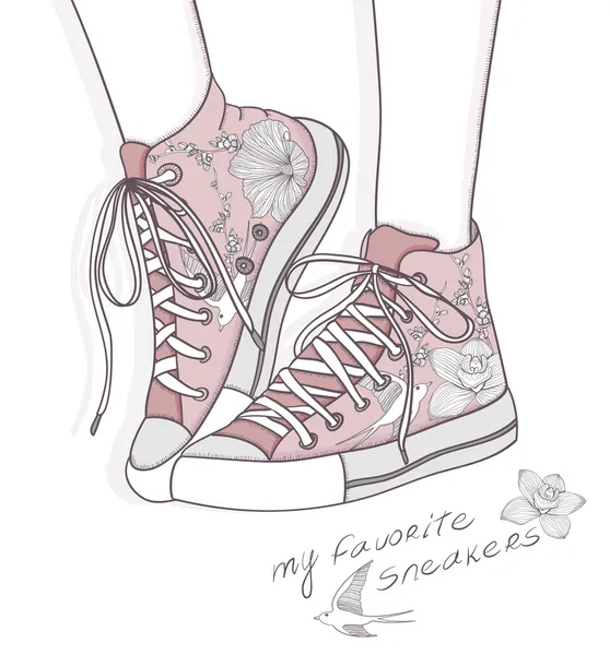 Schuhe mit Blumenmuster. Hintergrund mit modischen Turnschuhen. — Stockvektor