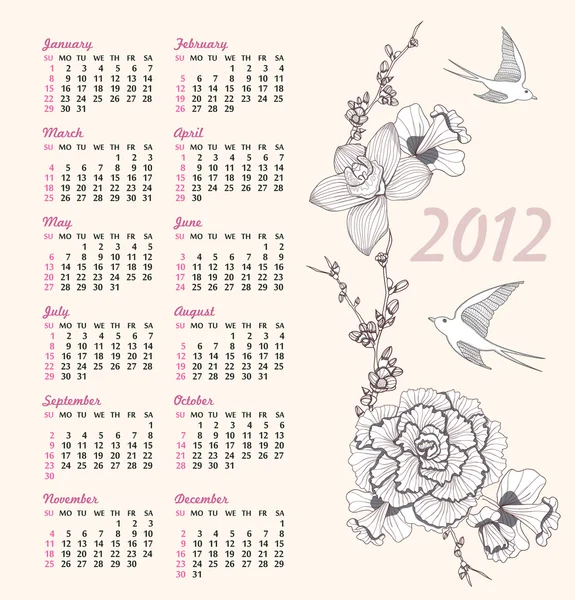 Çiçek desenli olan 2012 takvimi. çiçekler ve b arka plan — Stok Vektör