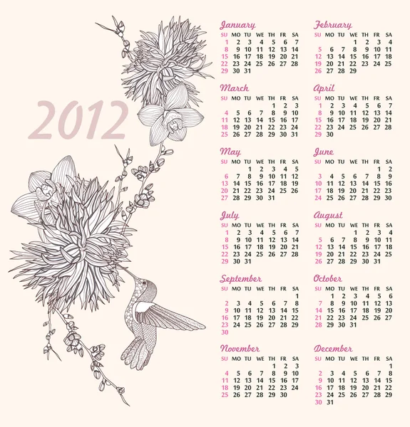 2012 ημερολόγιο με λουλουδάτο μοτίβο. φόντο με λουλούδια. — Διανυσματικό Αρχείο