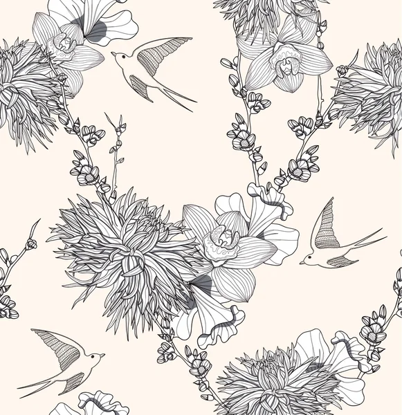 Χωρίς ραφή πρότυπο άνευ ραφής λουλουδάτο μοτίβο με λουλούδια και πουλιά. — Διανυσματικό Αρχείο
