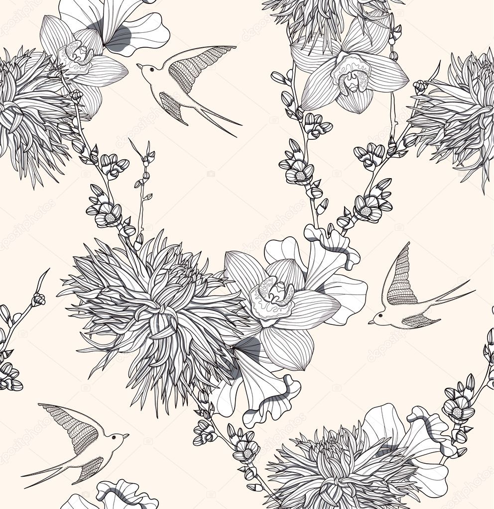 Seamless floral pattern Seamless pattern with flowers and birds.
