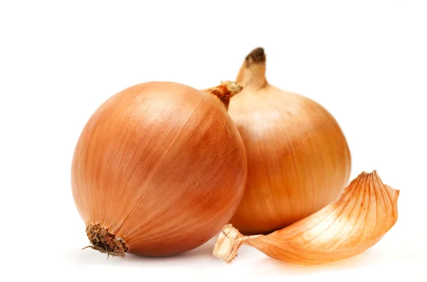 stock image Two onions and peel on a white background