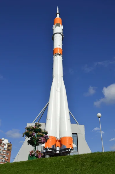 stock image The spacecraft stands on against the blue sky.