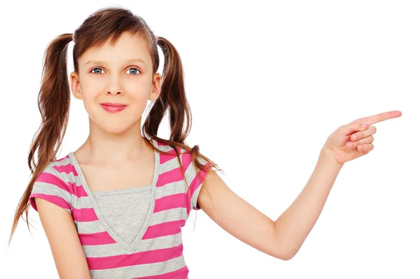Smiley little girl pointing at something — Stock Photo, Image