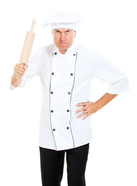 Angry cook with rolling pin — Stock Photo, Image
