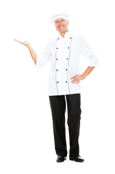 Koch hält etwas auf der Handfläche — Stockfoto