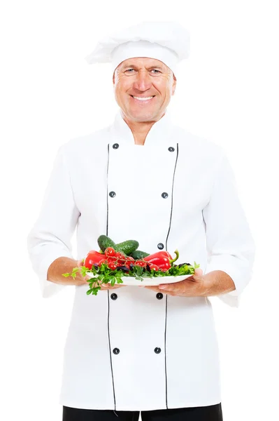 Happy chef holding plaka — Stok fotoğraf