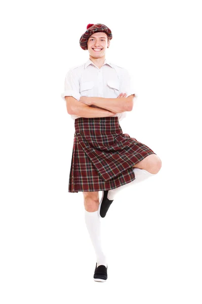 Boldog skót táncos nemzeti ruhák — Stock Fotó