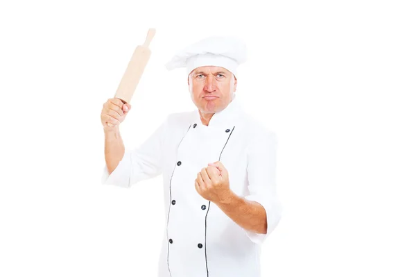 Cuisinier en colère avec rouleau à pâtisserie — Photo