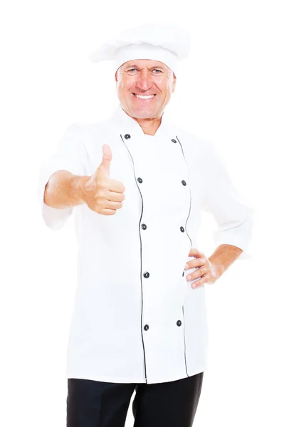 Процветающий шеф-повар показывает большие пальцы вверх — стоковое фото