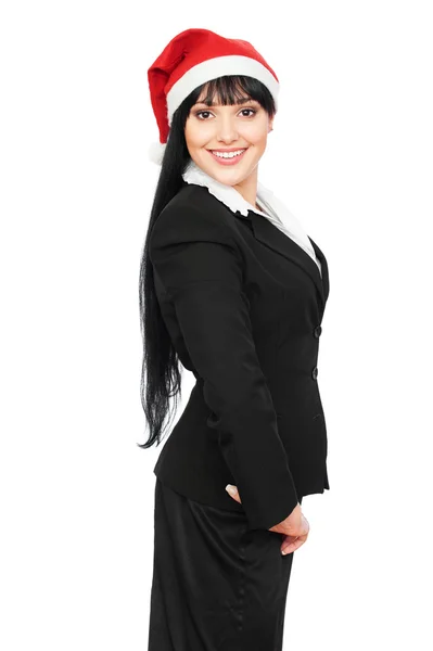 Bella donna d'affari sorridente in cappello rosso di Babbo Natale — Foto Stock