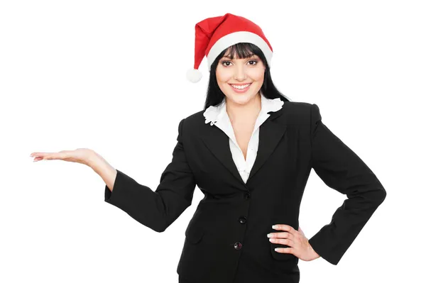 Donna d'affari di Natale che tiene qualcosa sul palmo della mano — Foto Stock
