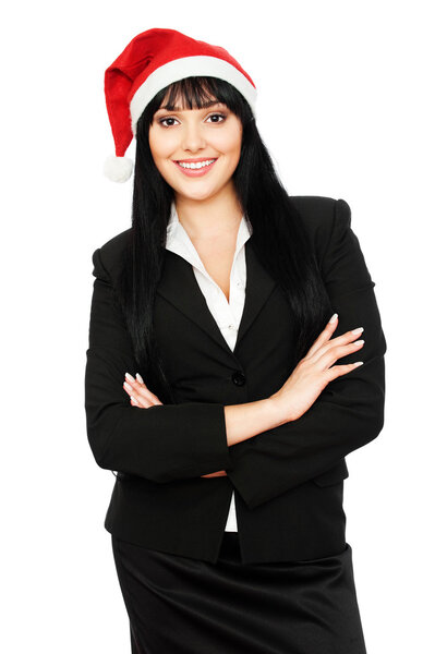 Happy businesswoman in red santa hat