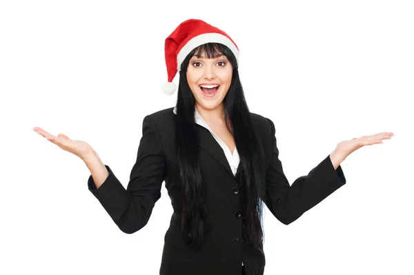 在圣诞老人帽子笑快乐女商人 — 图库照片