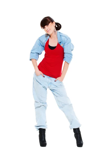 Sorridente bella ragazza in jeans blu — Foto Stock