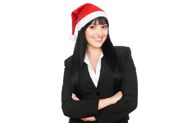 Smiley-Geschäftsfrau mit rotem Weihnachtsmann-Hut — Stockfoto