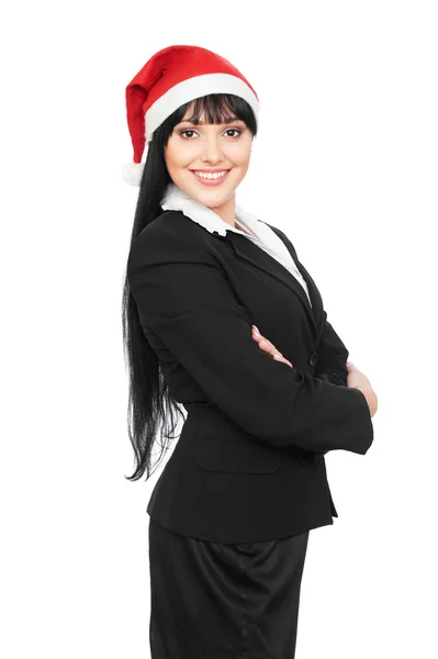 Mulher de negócios bonita em chapéu de xmas vermelho — Fotografia de Stock