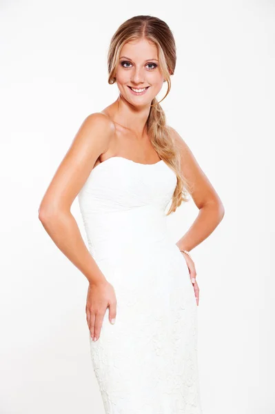 Beautiful smiley bride in white dress — Stock Photo, Image