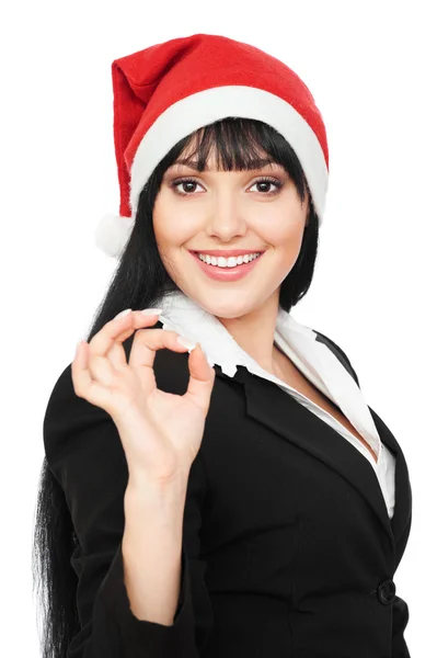 Geschäftsfrau mit rotem Hut zeigt das Okay-Schild — Stockfoto