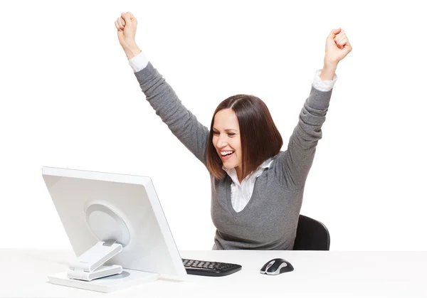 Happy businesswoman looking in monitor — Stock Photo, Image