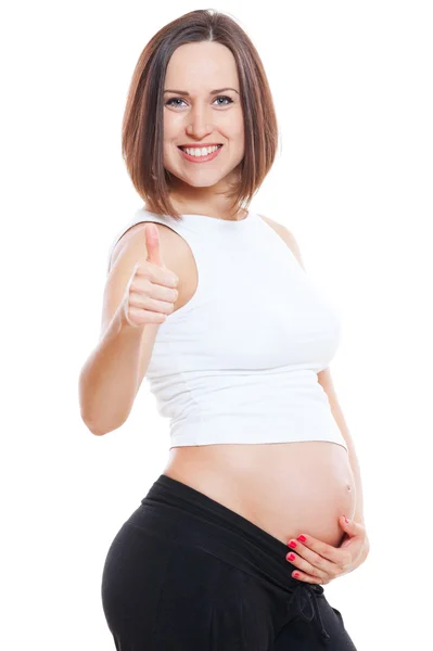 Glücklich schwangere Frau zeigt Daumen nach oben — Stockfoto