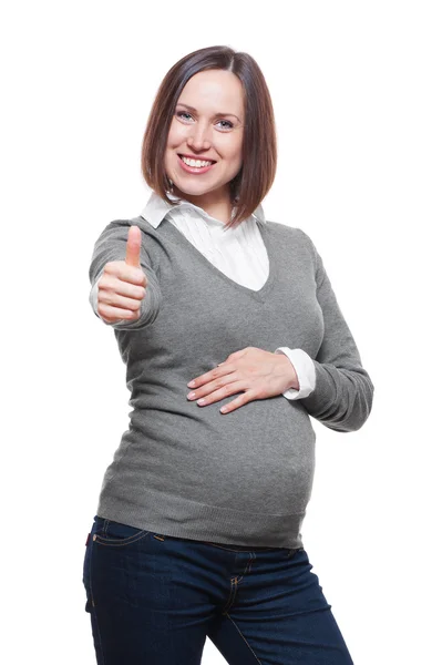 Ευτυχισμένη έγκυος γυναίκα σε γκρι πουλόβερ — Φωτογραφία Αρχείου
