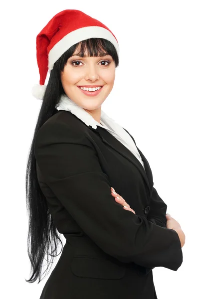 Mujer de negocios sonriente en sombrero de santa rojo —  Fotos de Stock