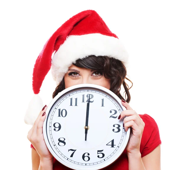 Santa girl with clock — Stock Photo, Image