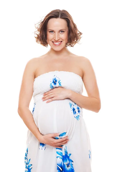 Έγκυος γυναίκα smiley στο sundress — Φωτογραφία Αρχείου